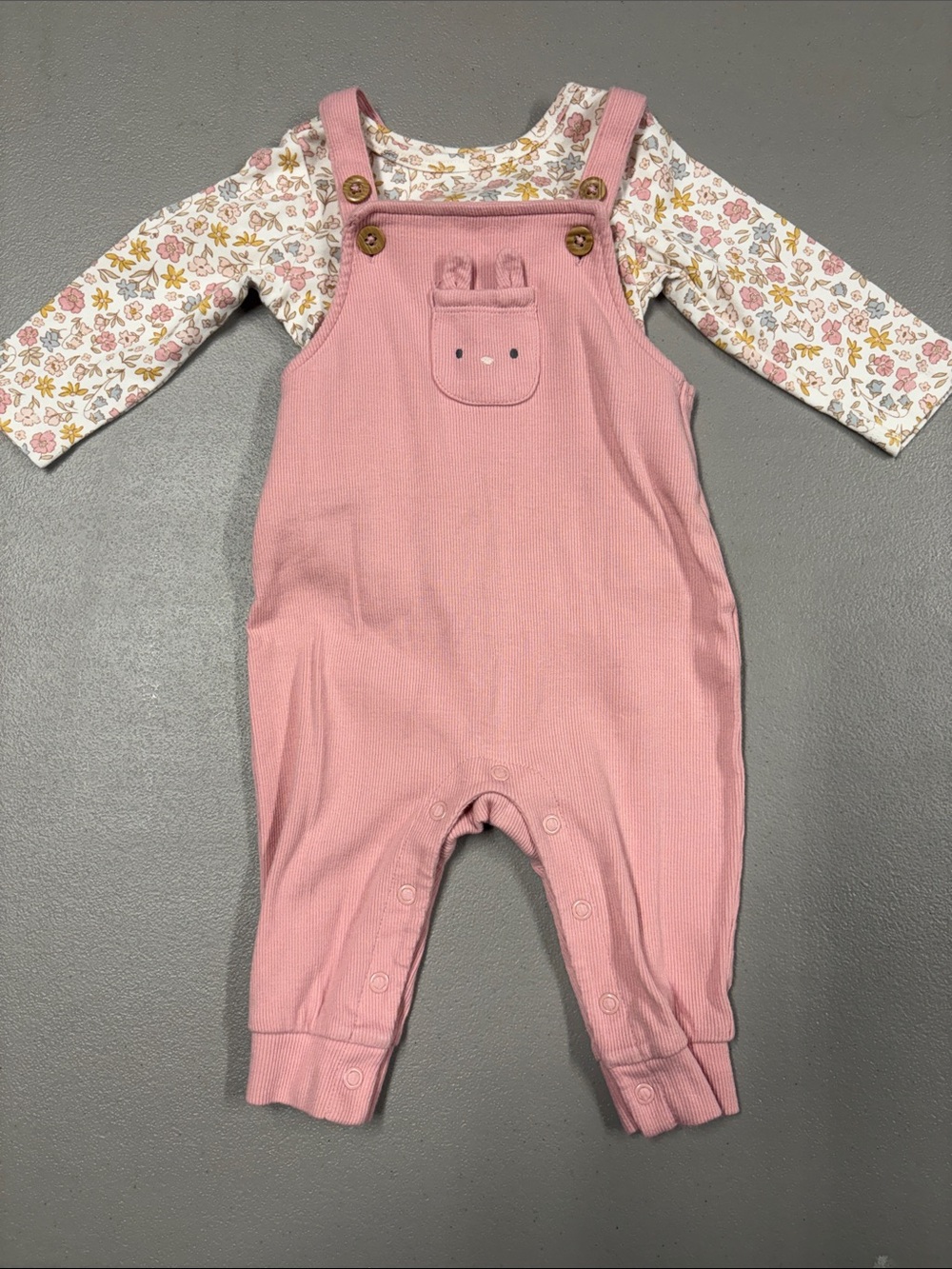 Carter's Pink Ribbed Baby Overalls with Bunny Pocket
